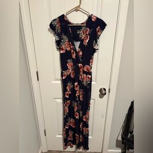 Floral Navy Romper with Pink Rose Print